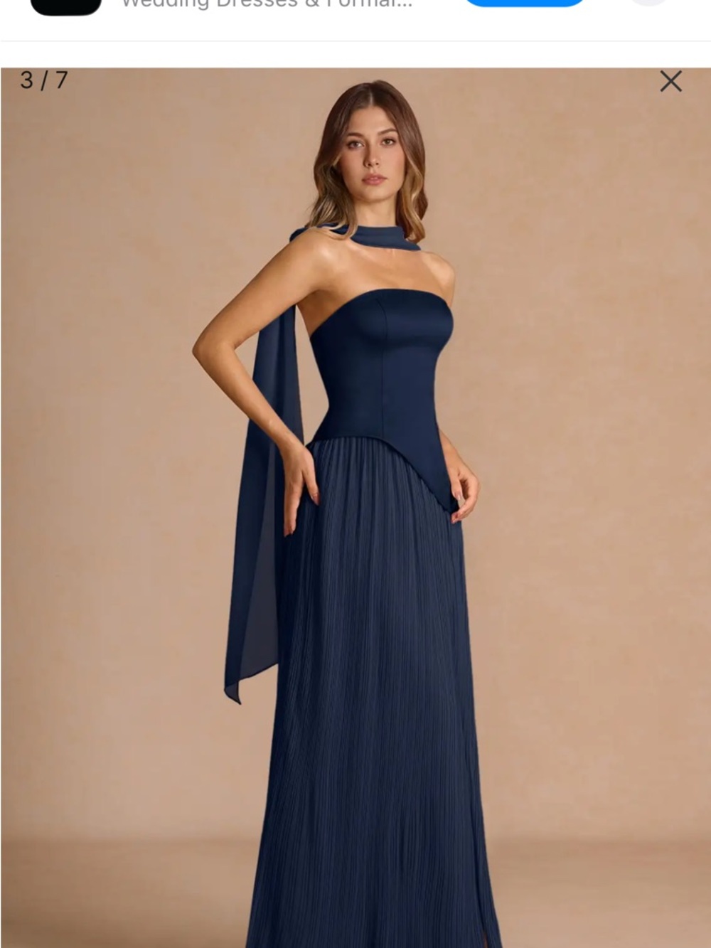 Azazie Navy Pleated Maxi Dress with High Neck and Sash - Picture 3 of 3